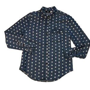 BDG Button Down Shirt Sz S Chambray Denim with White Polka Dots Long Sleeve